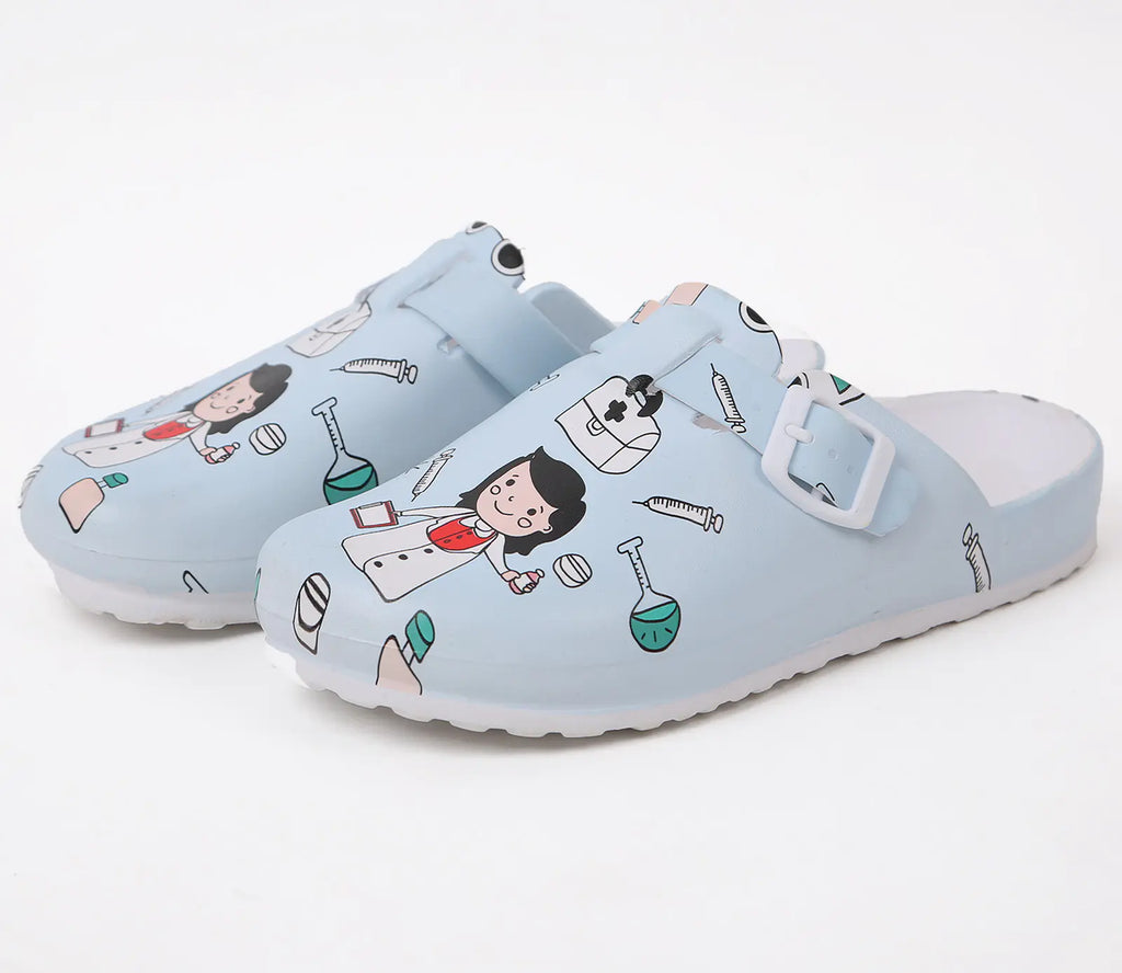 Cartoon nurse-themed women sandals with colorful design, featuring comfortable slip-on style and playful medical character accents.