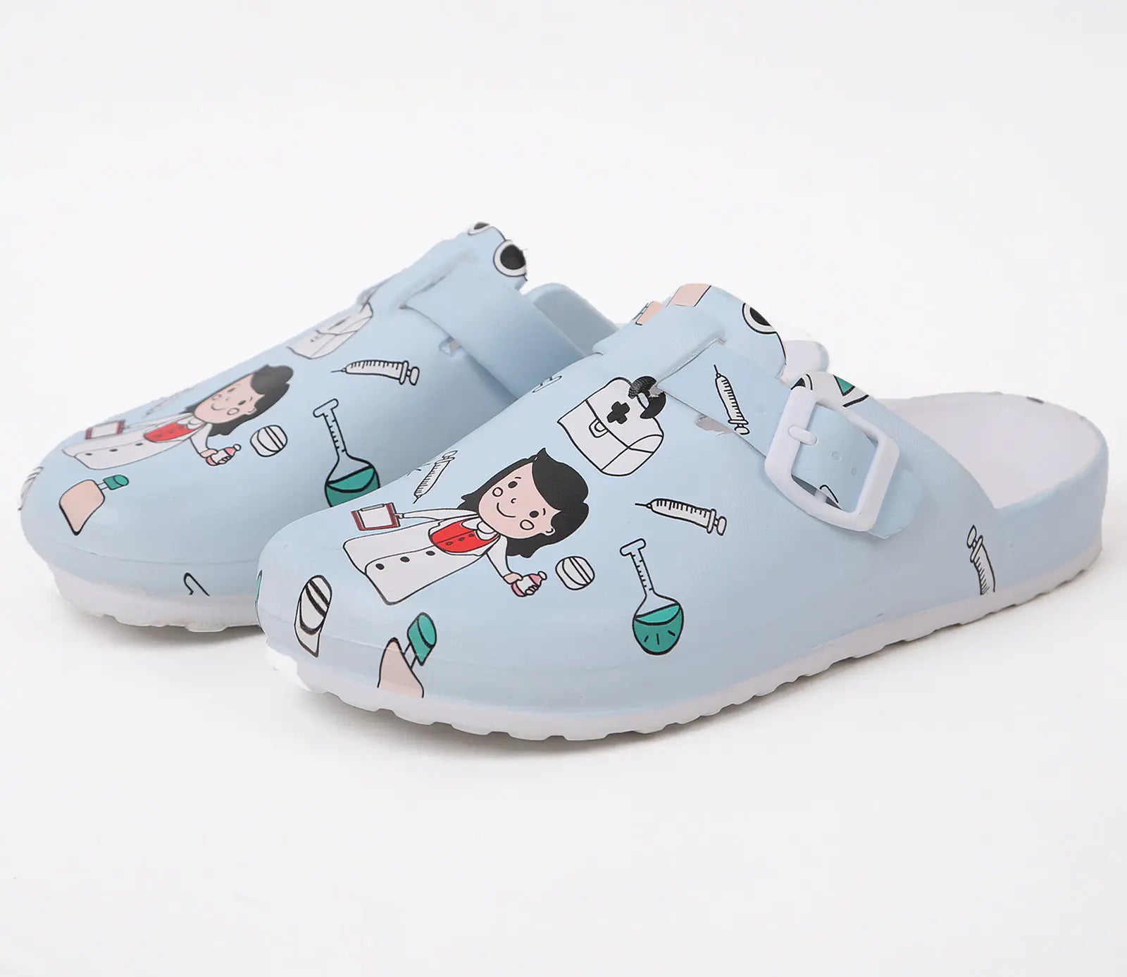 Cartoon nurse-themed women sandals with colorful design, featuring comfortable slip-on style and playful medical character accents.