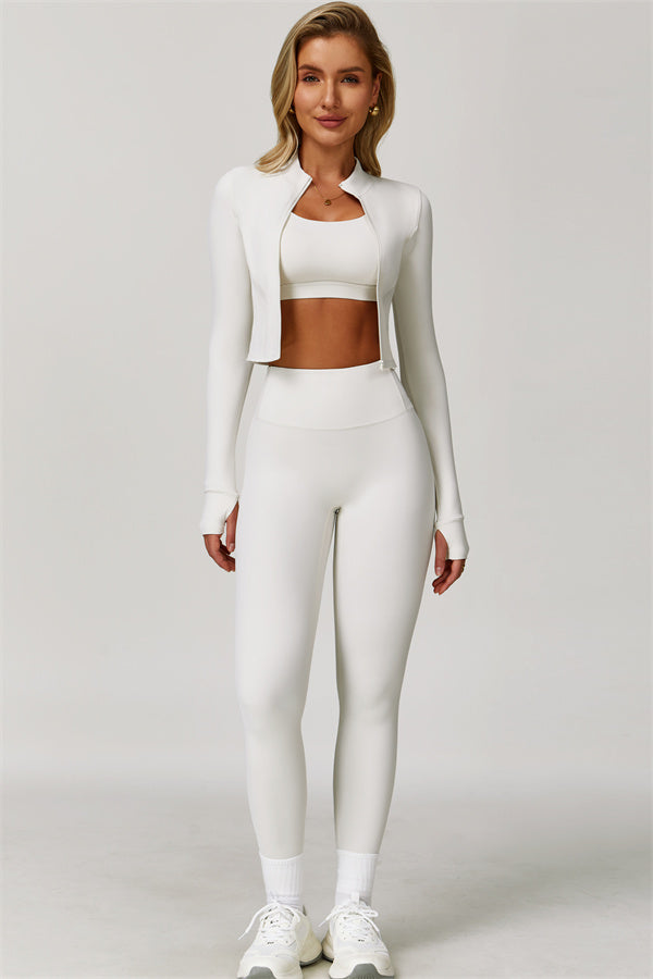 Fitglutes Activewear Eloise jacket, sports bra, and leggings 3-piece matching set for gym and workout sessions.