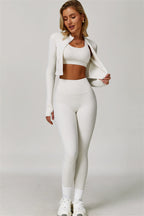 Fitglutes Activewear Eloise jacket, sports bra, and leggings 3-piece matching set for gym and workout activities.