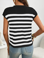 Women's striped knit cap sleeve sweater with pocket detail, trendy outerwear by Trendsi, displayed on a hanger.