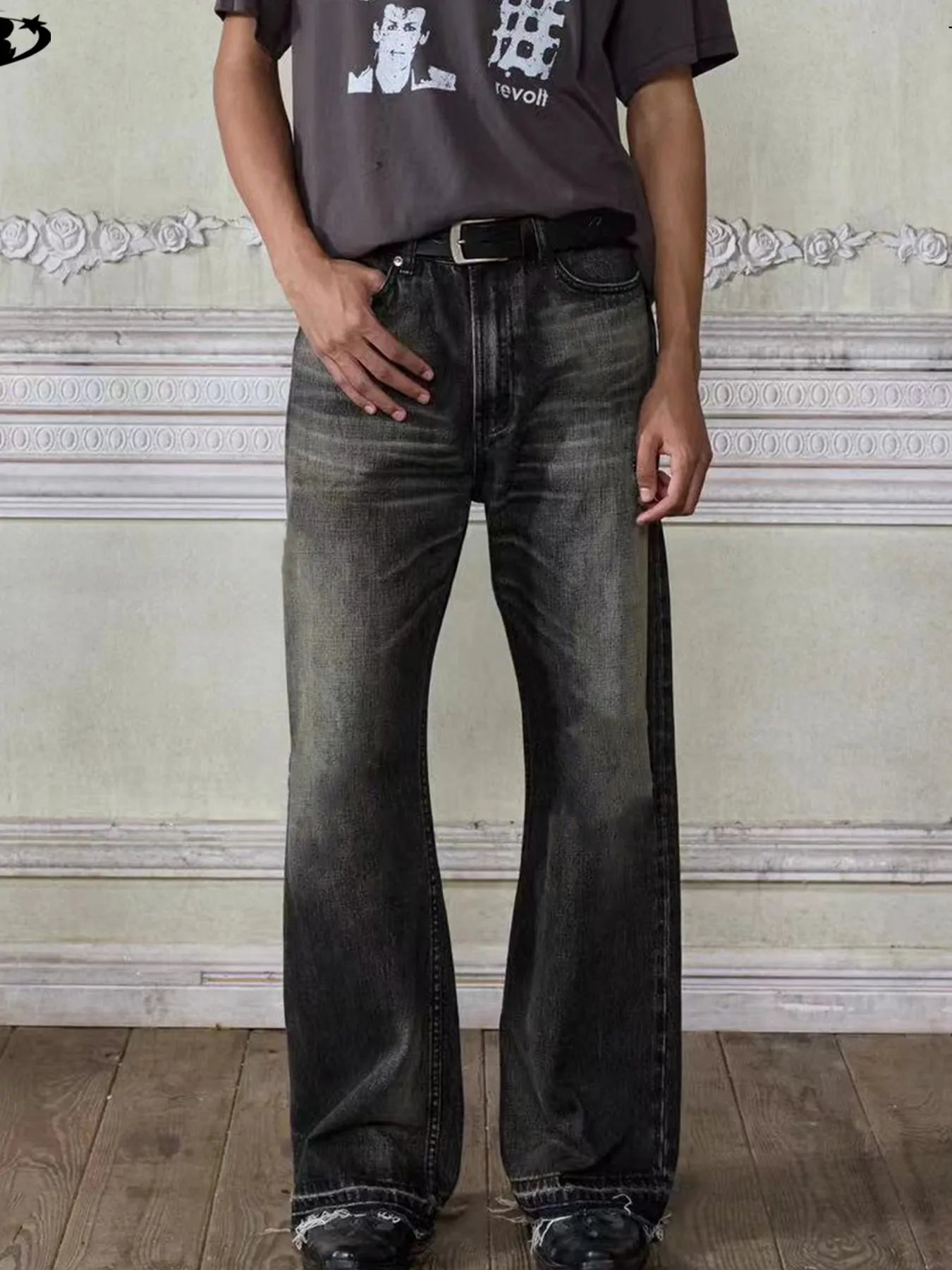 Men's vintage washed frayed hem denim jeans by Plush Fashion Hub, showcasing distressed details and relaxed fit.
