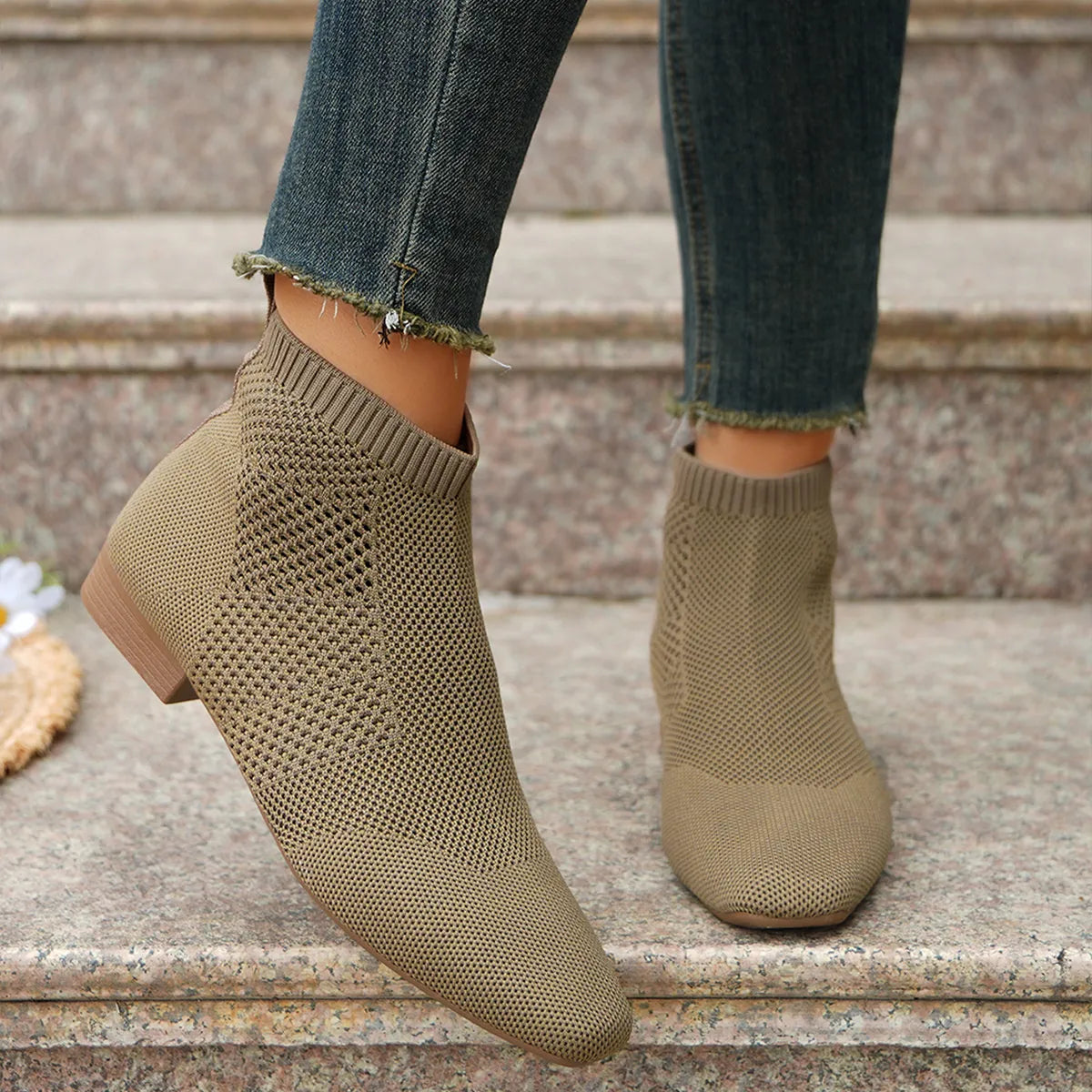 Mesh knit ankle boots for women with stretch comfort fit, trendy women's shoes featuring breathable mesh design and stylish silhouette.