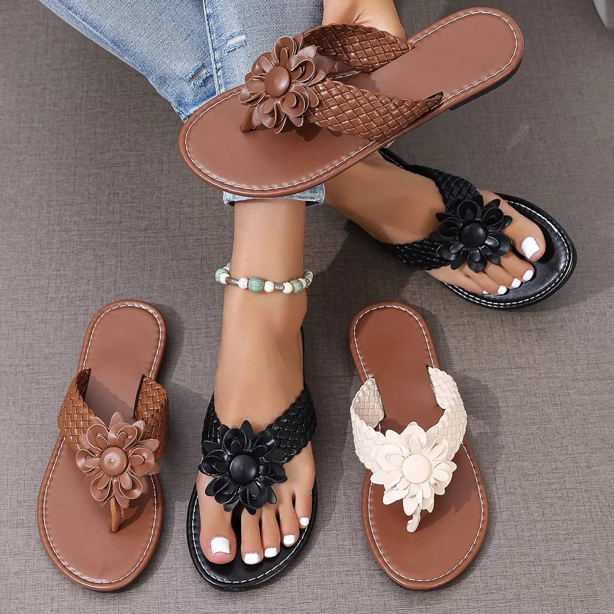 Shopimist flower toe post sandals featuring floral design, thong style, and comfortable flat sole for casual summer wear.