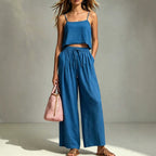Women's casual summer camisole and wide-leg pants two-piece set by Plush Fashion Hub, featuring a relaxed fit and lightweight fabric.