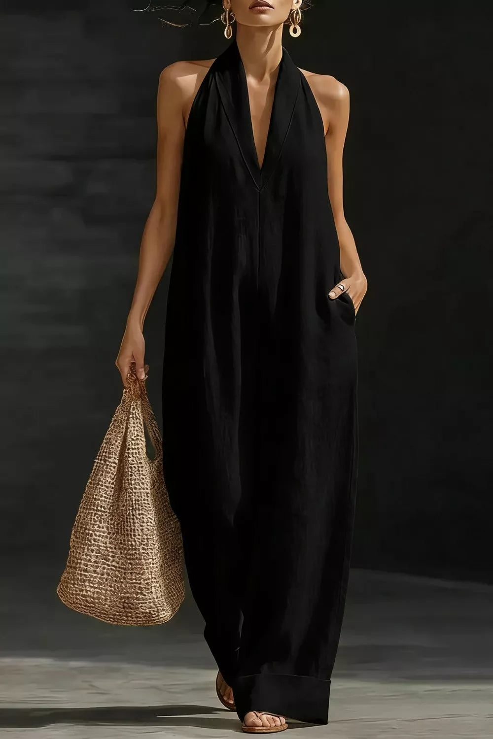 Women's sleeveless wide-leg jumpsuit with pockets, casual chic romper by Trendsi, shown in a stylish, relaxed fit.
