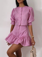 Shopimist puff sleeve cropped top and ruffled skirt set, featuring stylish puff sleeves and feminine ruffle details.