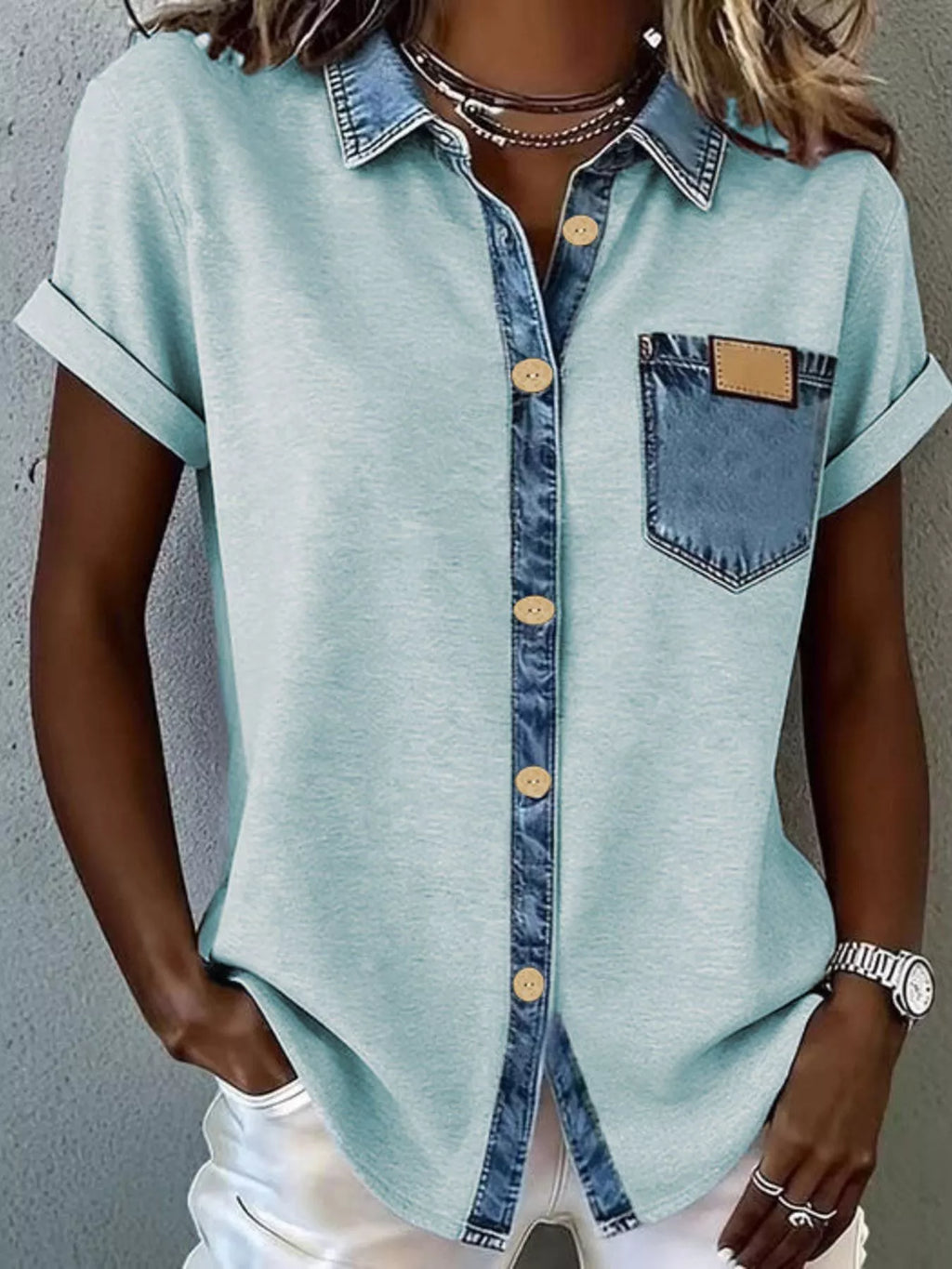 Plush Fashion Hub denim trim short sleeve shirt, casual tops with denim accents, featuring a classic collar and relaxed fit.