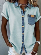 Plush Fashion Hub denim trim short sleeve shirt, casual tops with denim accents, featuring a classic collar and relaxed fit.