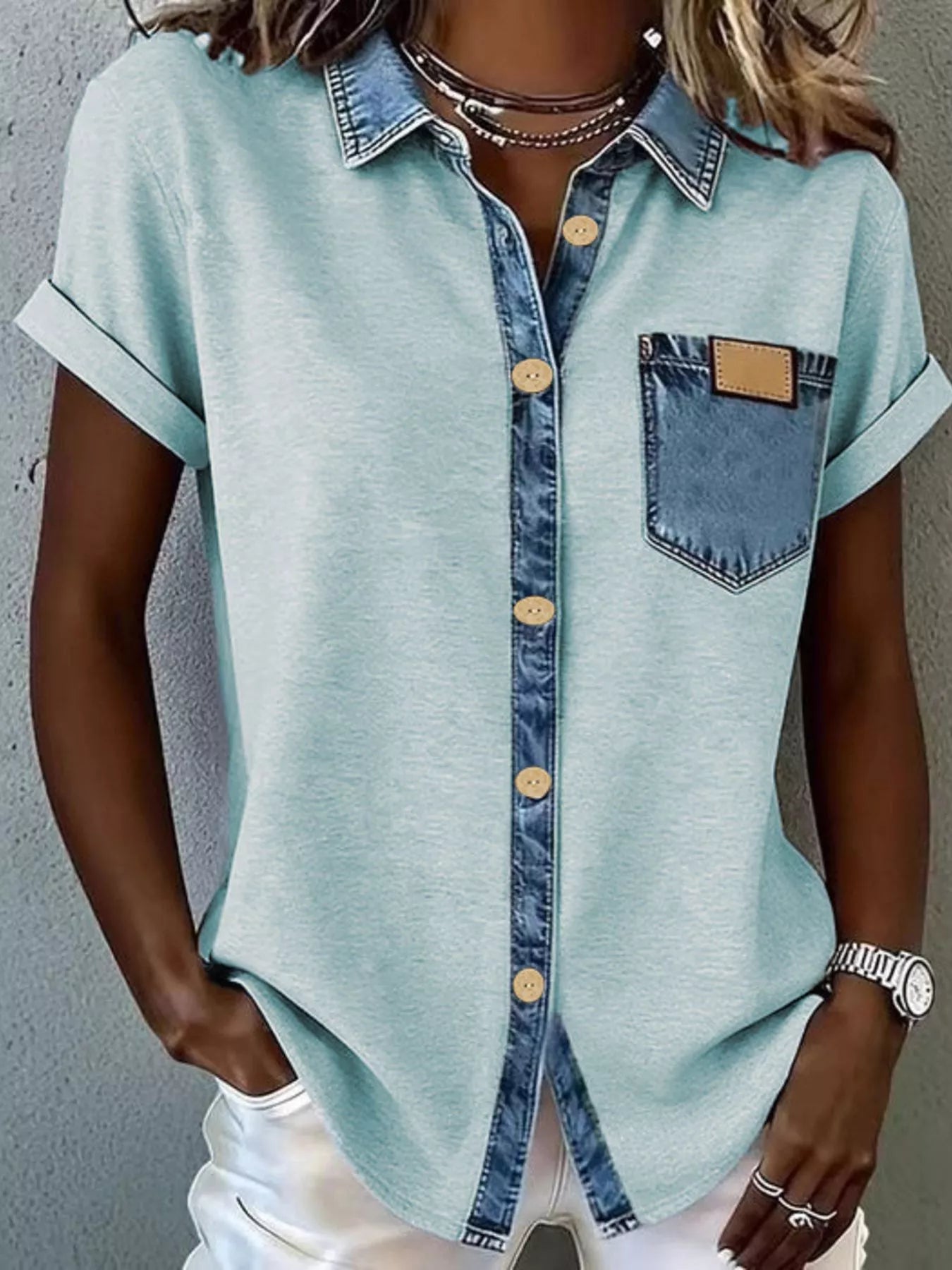 Plush Fashion Hub denim trim short sleeve shirt, casual tops with denim accents, featuring a classic collar and relaxed fit.