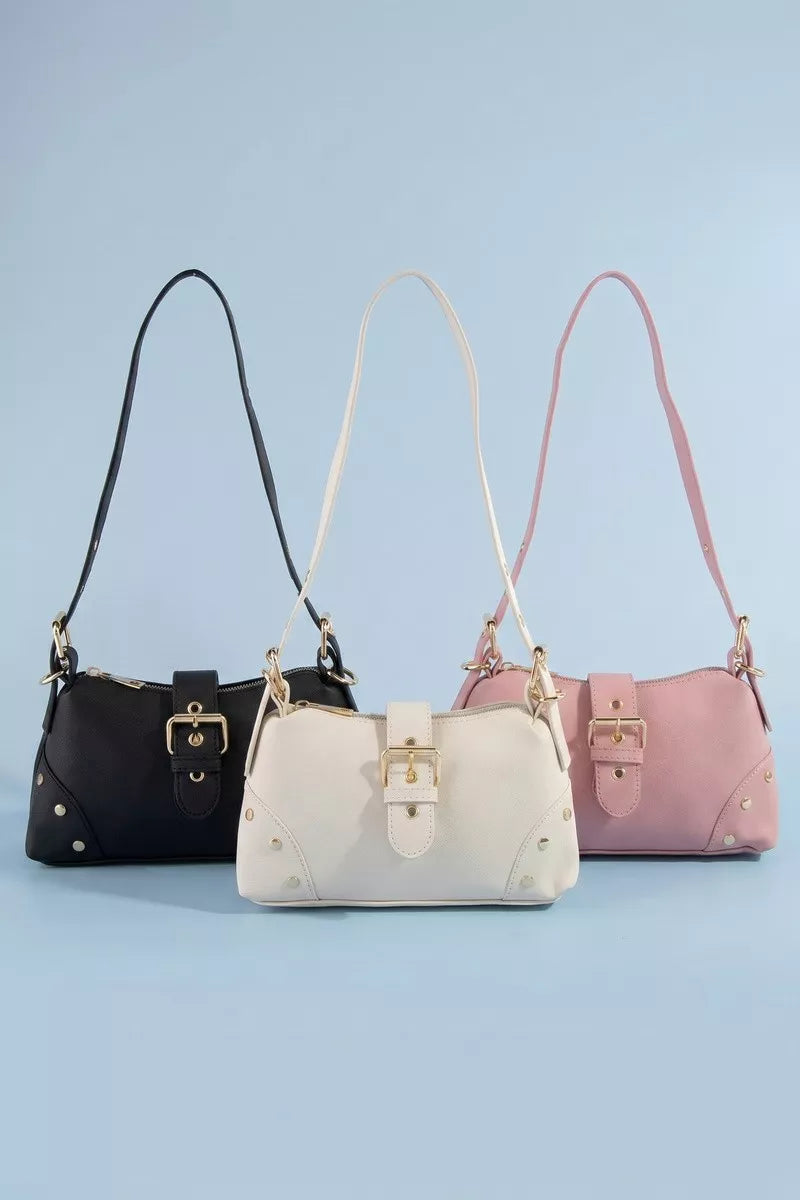 Fame studded saffiano buckle strap shoulder bag by Shopimist, featuring a stylish design with metal studs and a sleek strap.