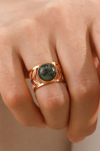 18k gold plated malachite leaf ring with detailed leaf design, showcasing vibrant green gemstone and elegant gold finish.