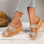 Shopimist open toe wedge sandals with a natural cork wedge heel and stylish straps, perfect for casual summer outfits.