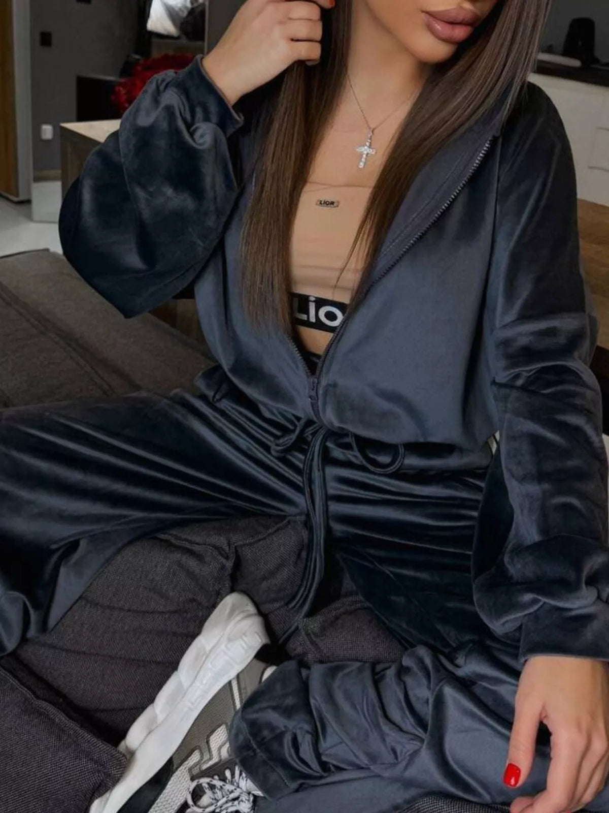 Plush Fashion Hub zip-up cropped outerwear and matching pants set, featuring a stylish, comfortable coordinated outfit.