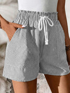 Women's striped elastic waist shorts with drawstrings, casual summer beachwear, from Plush Fashion Hub.
