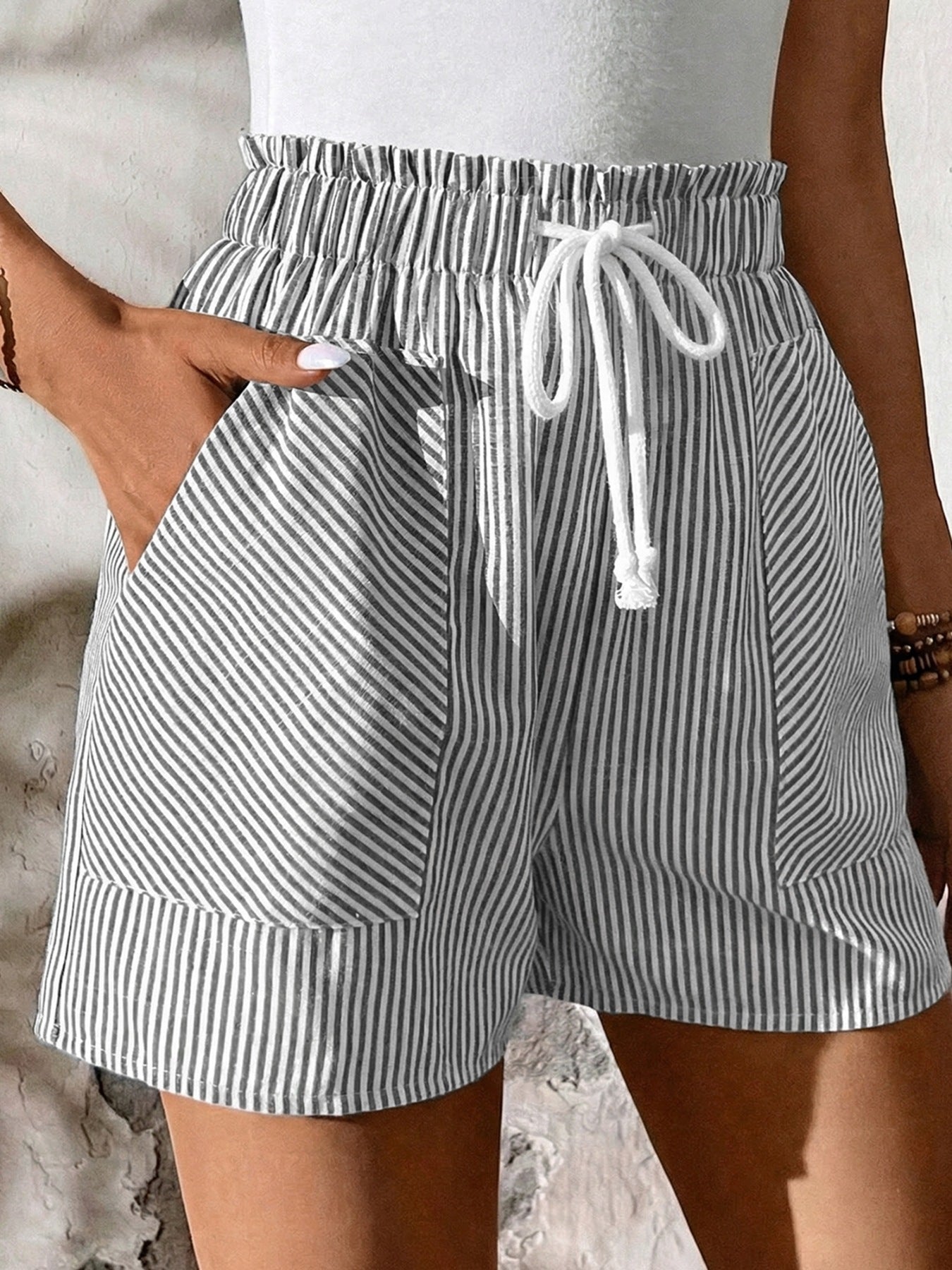 Women's striped elastic waist shorts with drawstrings, casual summer beachwear, from Plush Fashion Hub.