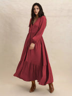 Plus size V-neck balloon sleeve maxi dress by Shopimist, flowing fabric and elegant design in a full-length view.