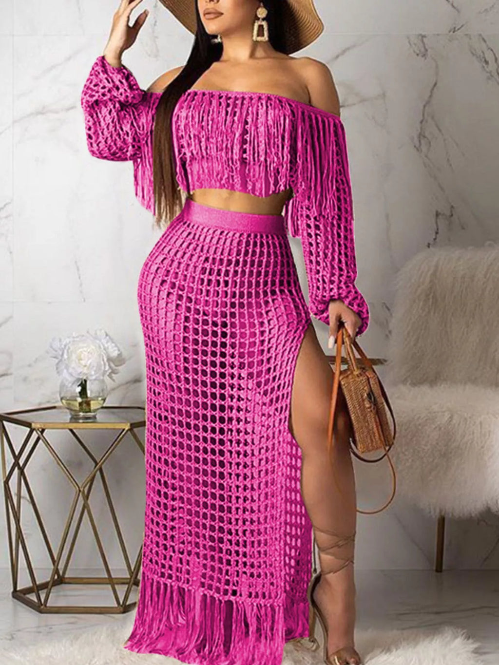 Plus size crochet off-shoulder fringe top and skirt set, two-piece fashion ensemble by Shopimist, shown in natural fabric and design details.