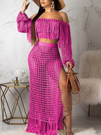 Plus size crochet off-shoulder fringe top and skirt set, two-piece fashion ensemble by Shopimist, shown in natural fabric and design details.