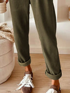 Simply Love casual corduroy drawstring waist pants laid flat, showcasing beige color and soft textured fabric.