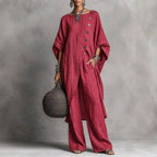 Women's casual drop shoulder three-quarter sleeve shirt and pants set by Plush Fashion Hub, featuring an irregular design and relaxed fit.