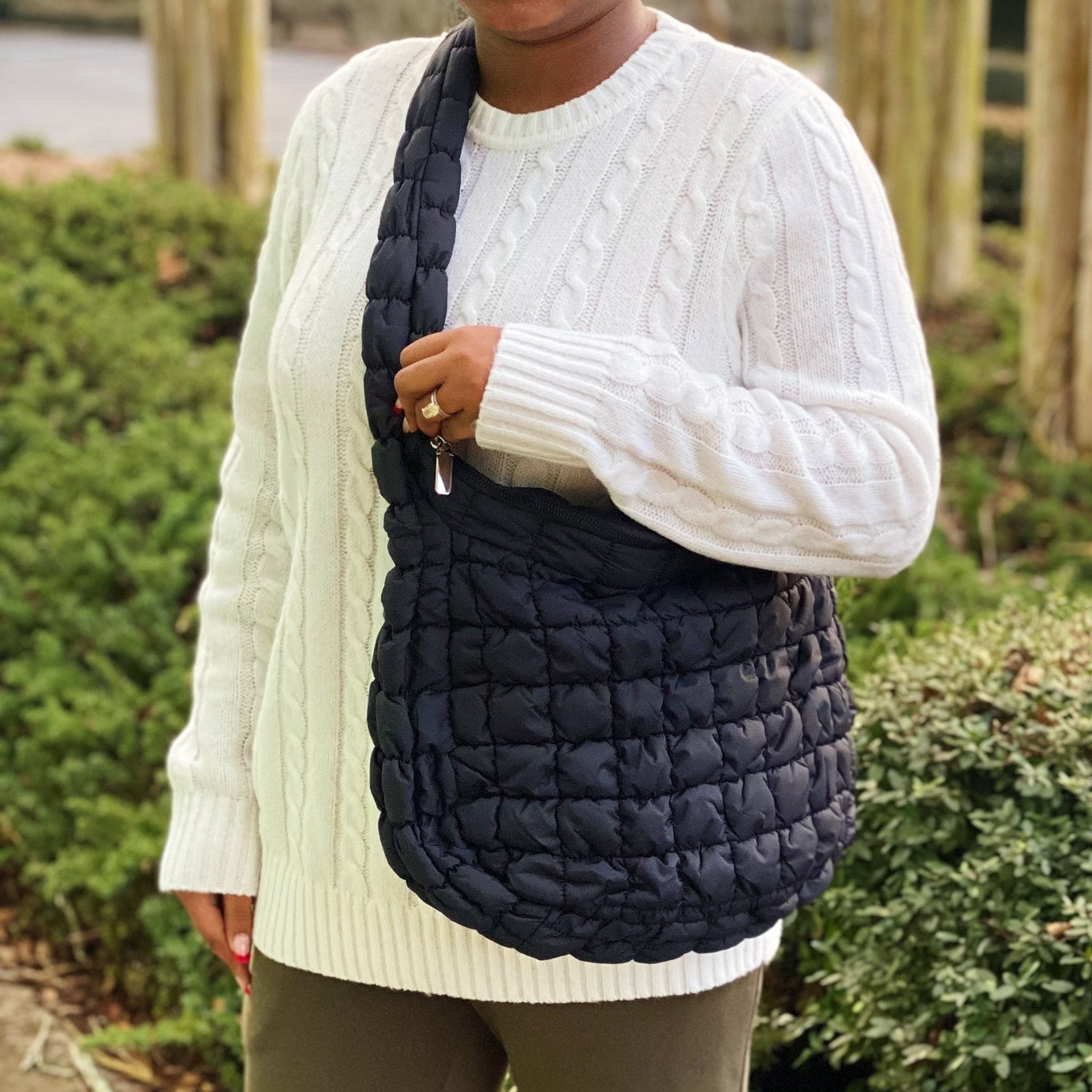 Plush Fashion Hub Carry All Quilted Cross Body Bag with adjustable strap and quilted design, ideal for everyday use.