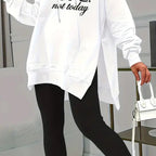 Plush Fashion Hub casual 2-piece set with solid color leggings and letter print hooded sweatshirt, perfect for comfortable everyday wear.