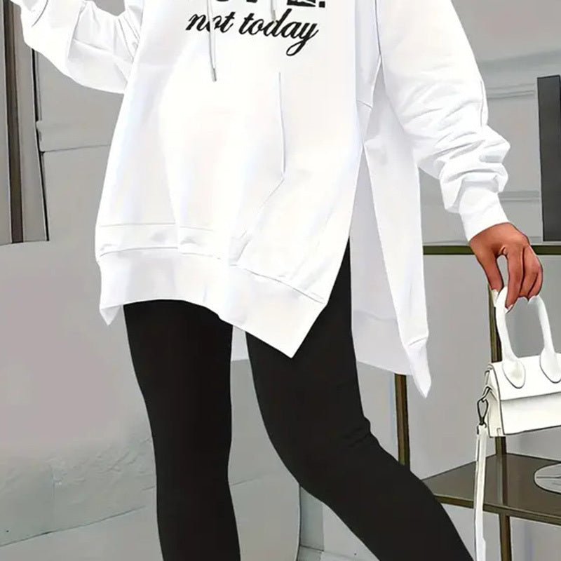 Plush Fashion Hub casual 2-piece set with solid color leggings and letter print hooded sweatshirt, perfect for comfortable everyday wear.