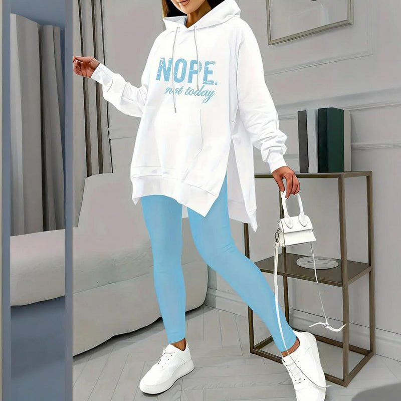 Plush Fashion Hub casual 2-piece set with solid color leggings and letter print hooded sweatshirt, comfortable and stylish.