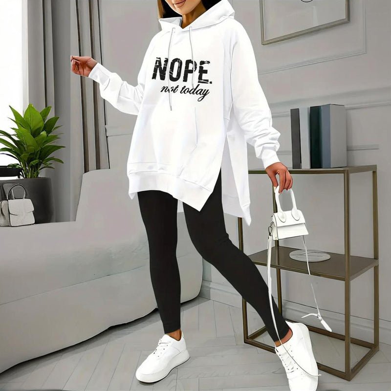 Plush Fashion Hub casual 2-piece set with solid color leggings and letter print hooded sweatshirt, comfortable and stylish for everyday wear.