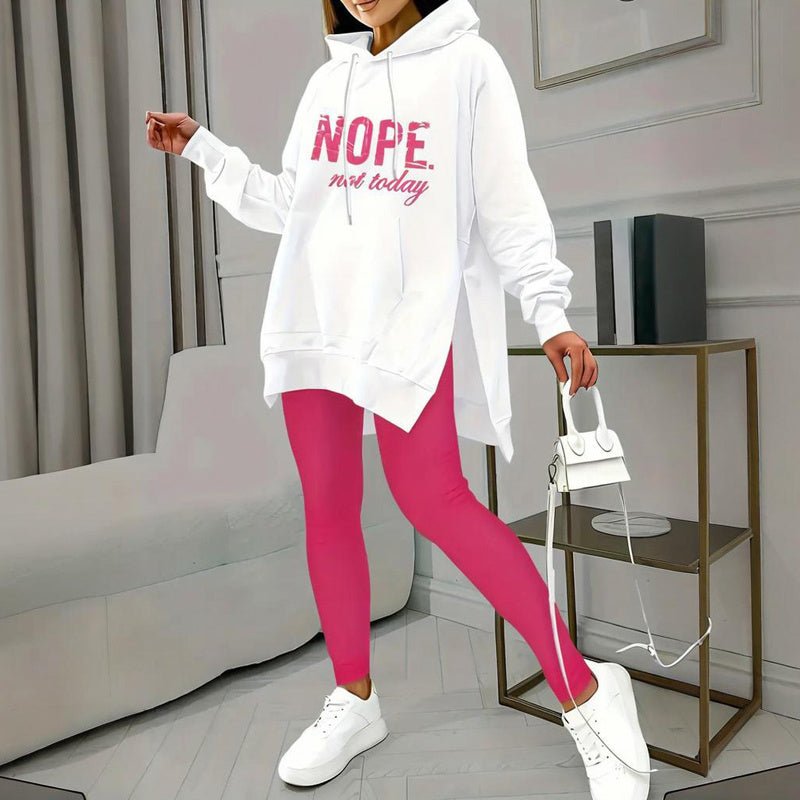 Plush Fashion Hub casual 2-piece set with solid color leggings and letter print hooded sweatshirt, comfortable and stylish.