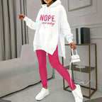 Plush Fashion Hub casual 2-piece set with solid color leggings and letter print hooded sweatshirt, comfortable and stylish.