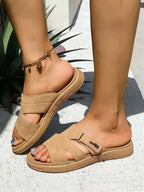 Women's casual faux leather cut-out platform slide sandals, trendy and comfortable slip-ons with stylish cut-out design.