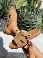 Women's casual faux leather cut-out platform slide sandals with open toes and slip-on design.