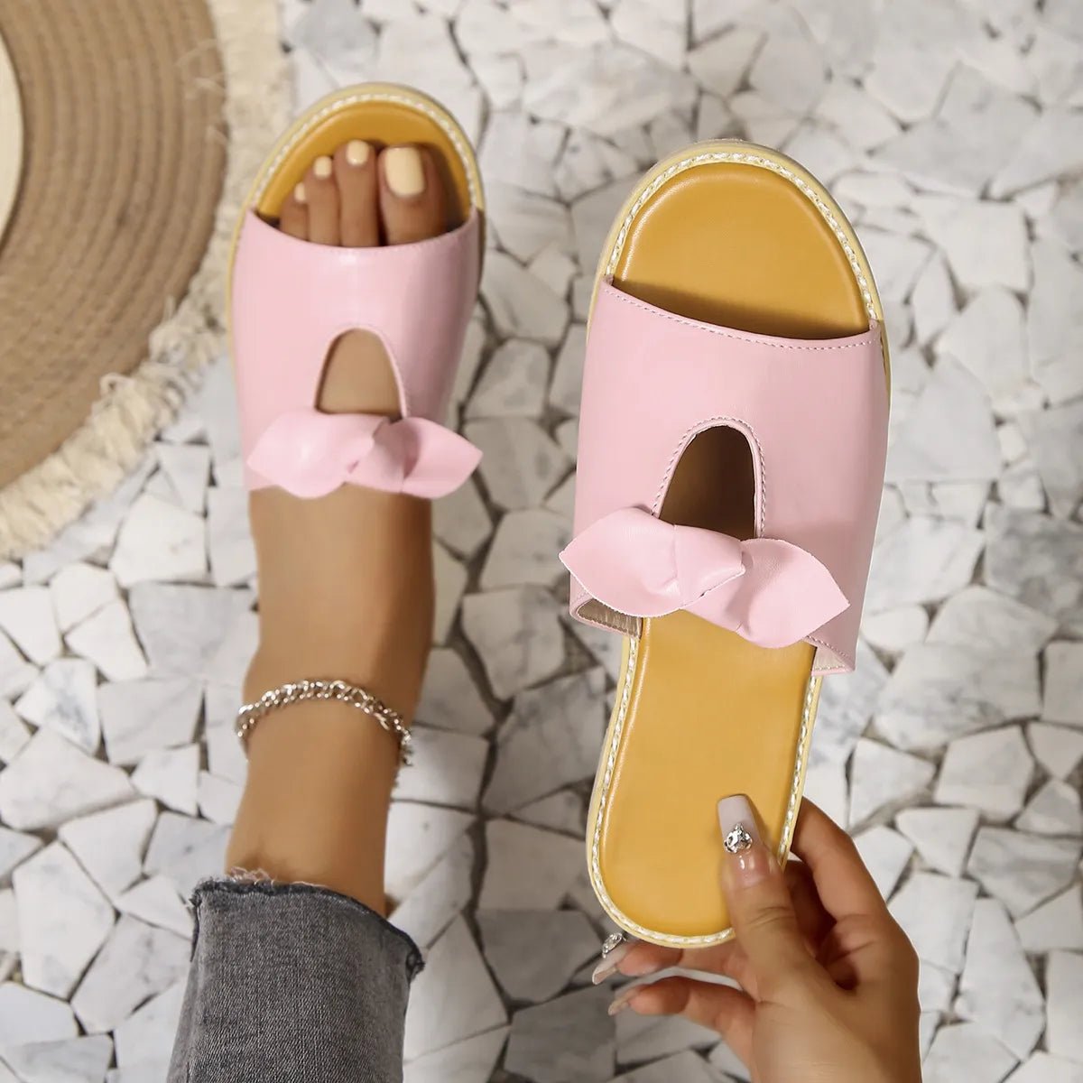 Women's open-toe faux leather flats with cutout details, casual summer sandals by Trendsi, featuring comfortable slip-on design.