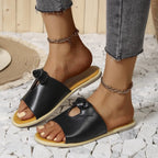 Women's open-toe cutout faux leather flats, trendy summer sandals with comfortable design and casual style.