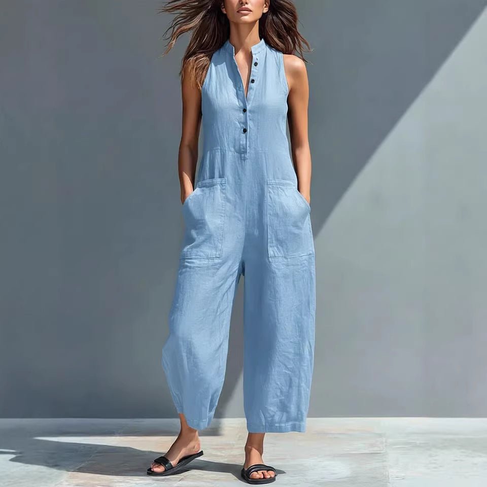 Casual women's sleeveless jumpsuit with buttoned stand collar and loose fit by Plush Fashion Hub, perfect for relaxed style.