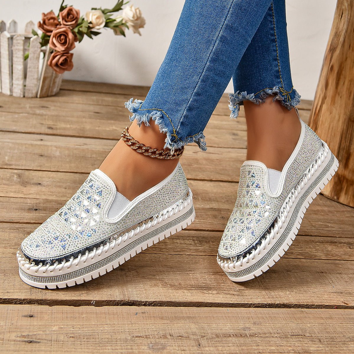 Casual women's sneakers with thick soles and pedal flat design from Plush Fashion Hub, suitable for four-season wear.