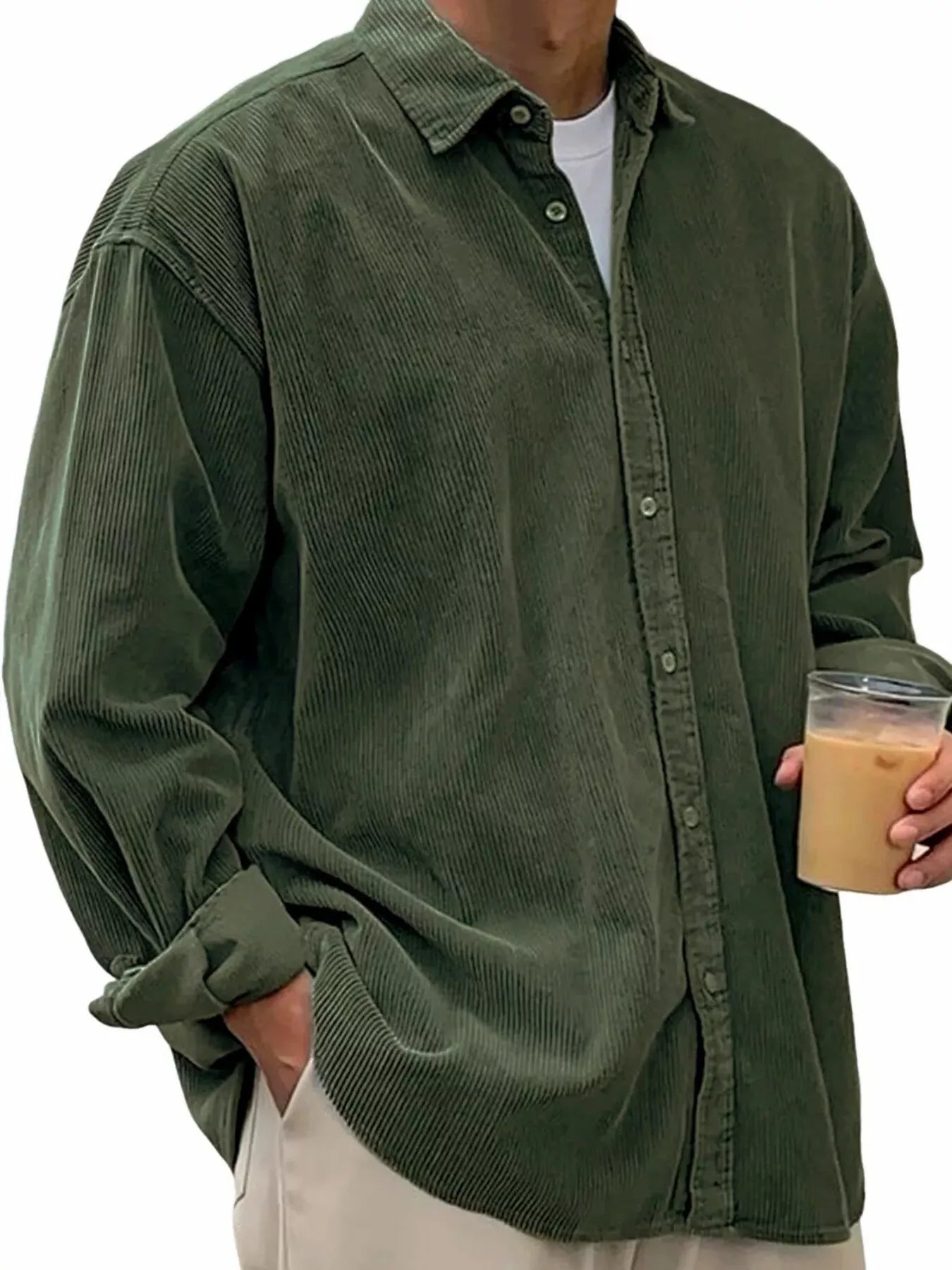Men's vintage corduroy long sleeve shirt in plus size, featuring a classic design and button-up front, by Shopimist