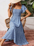 Floral print smocked ruffle sleeve midi dress by Trendsi, lightweight summer dress with a flowy fit and feminine design.