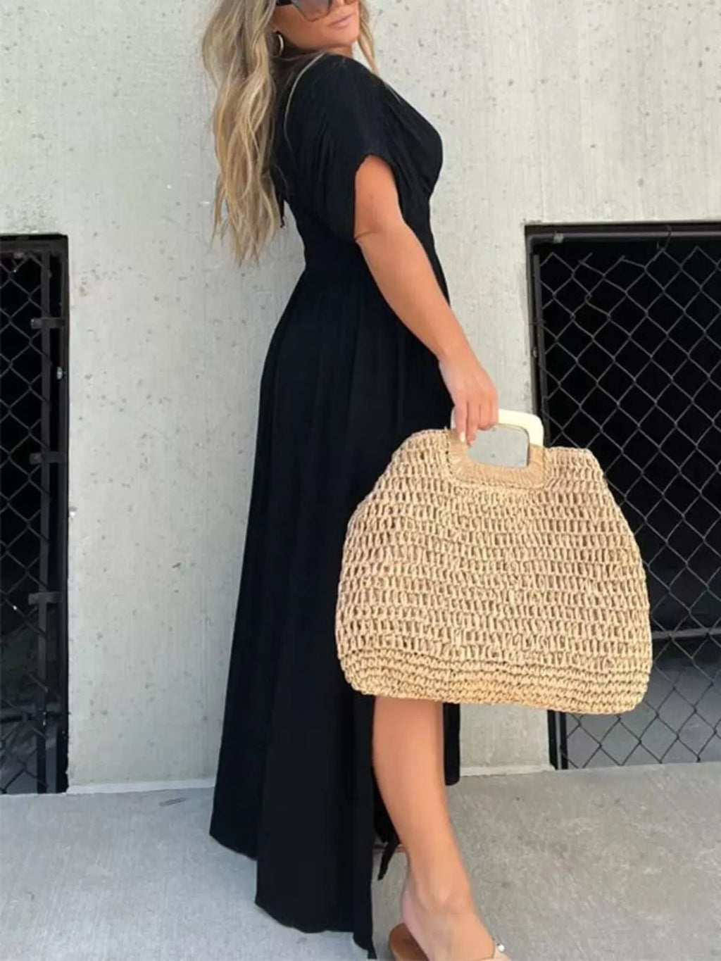 Full size slit V-neck smocked waist maxi dress by Trendsi, featuring a flowing silhouette and elegant design for plus size fashion.