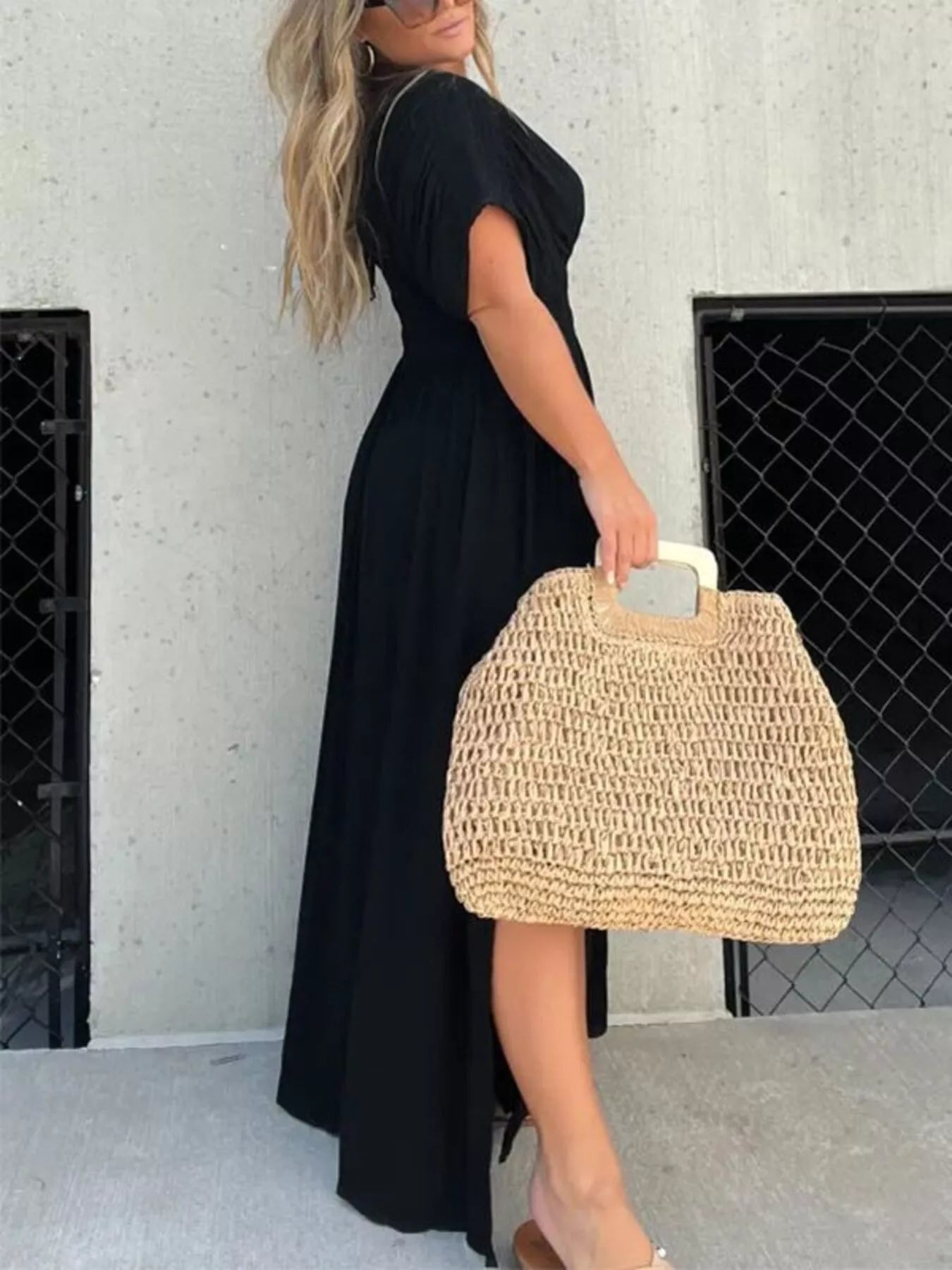 Full size slit V-neck smocked waist maxi dress by Trendsi, featuring a flowing silhouette and elegant design for plus size fashion.