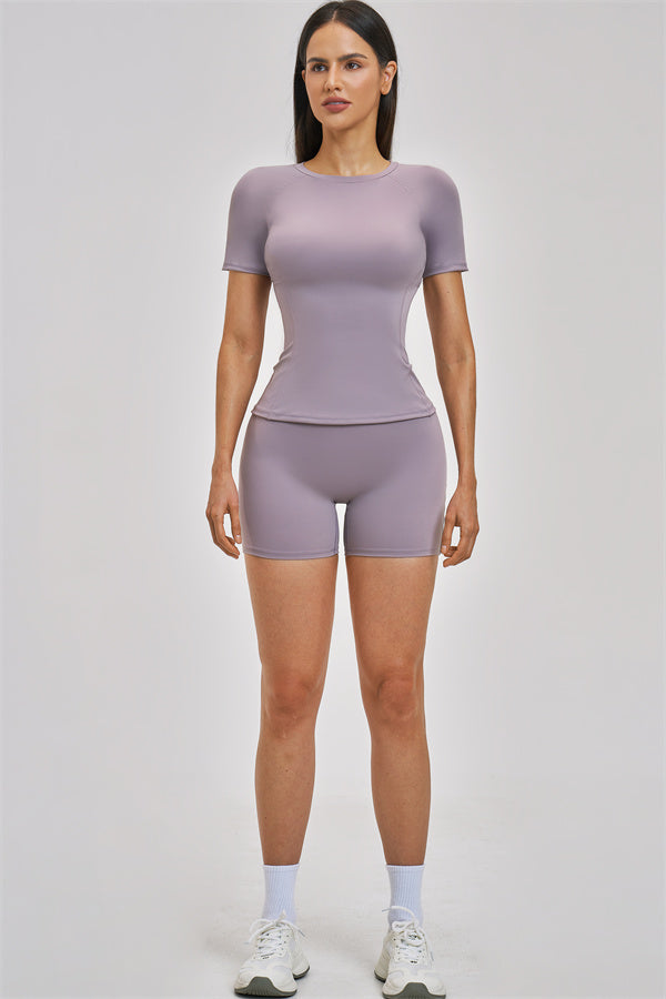 Fitglutes Activewear Zenith T-shirt and shorts 2-piece set, gymwear and sportswear, showing the stylish matching workout outfit.