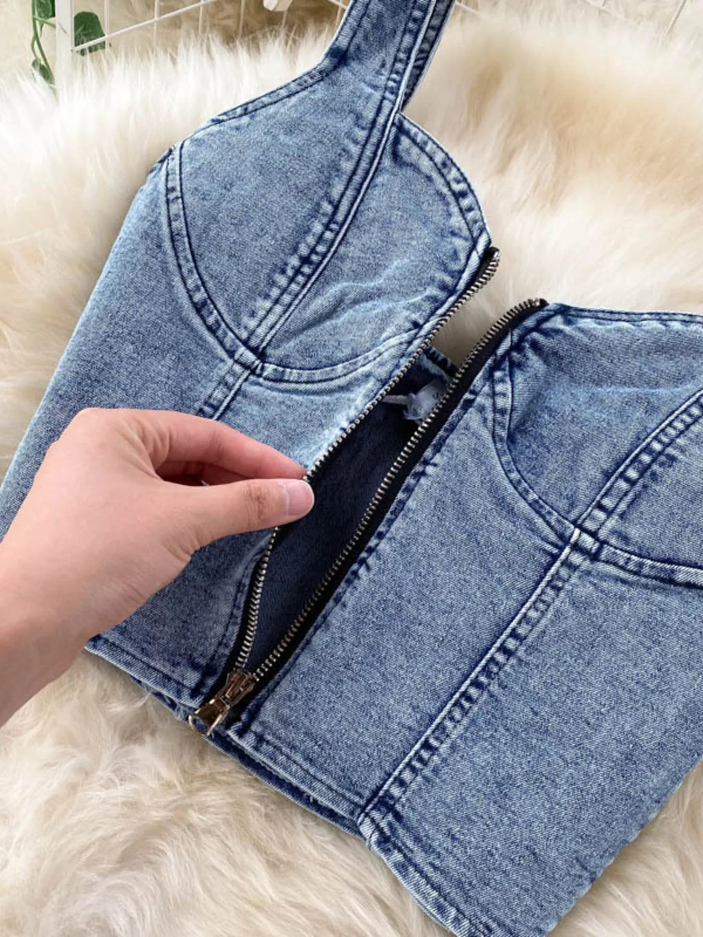 Denim set featuring a zipper top and button slit skirt from Shopimist, stylish and casual with detailed fabric texture.