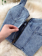 Denim set featuring a zipper top and button slit skirt from Shopimist, stylish and casual with detailed fabric texture.