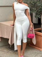 Tied One Shoulder Top and Capris Set