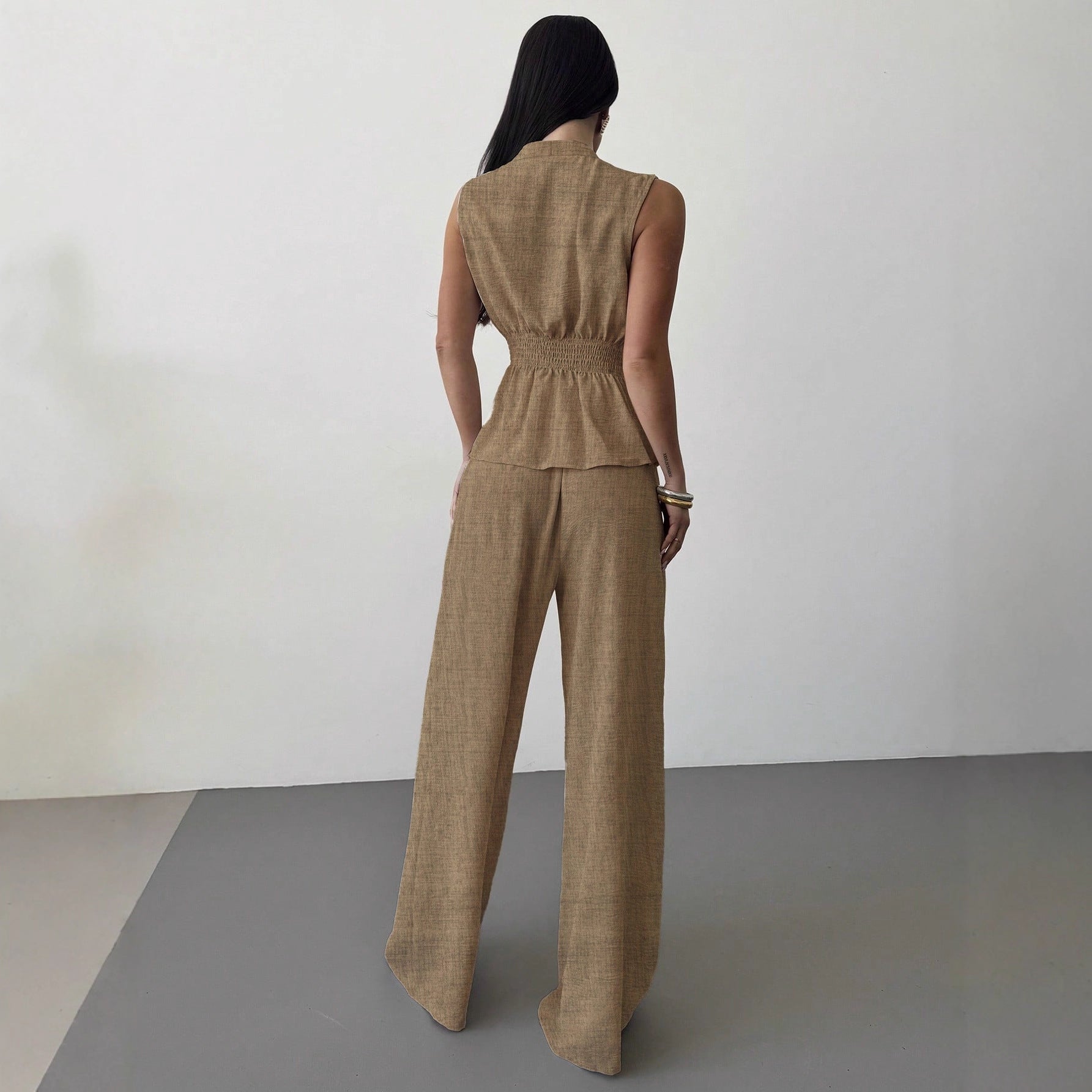 Women's lace-up V-neck vest and pants two-piece set by FitiqueFit, stylish and elegant for commuting, shown in the product image.