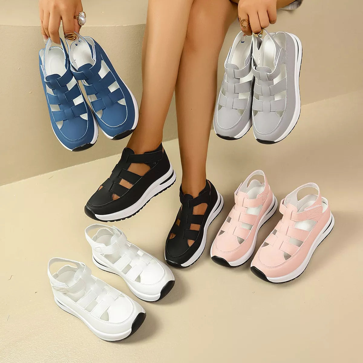 Plush Fashion Hub cutout round toe platform sandals with chunky heels and open toe design, stylish footwear for casual wear.