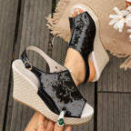Shopimist peep toe wedge sandals featuring a stylish design with a comfortable platform and ankle straps.
