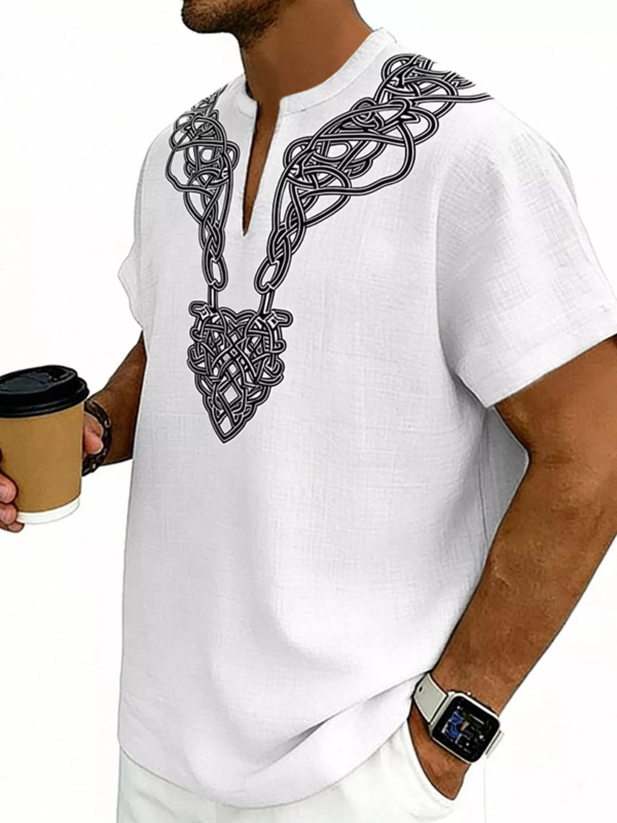 Men's plus size printed short sleeve blouse with notched collar from Plush Fashion Hub, featuring a vibrant, stylish design.